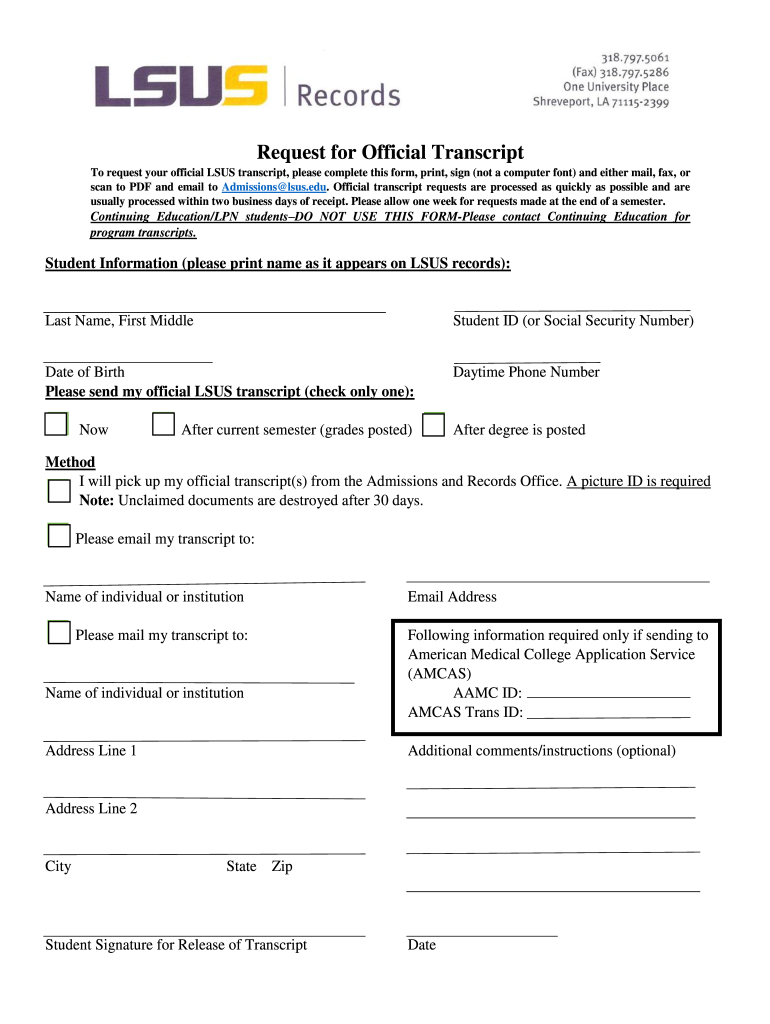 Lsus Transcript Request  Form