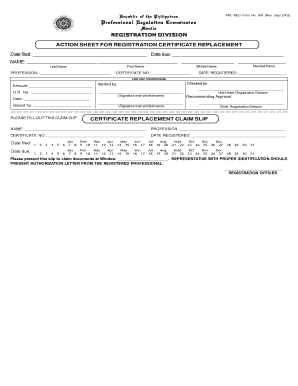 Action Sheet for Registration Certificate Replacement  Form