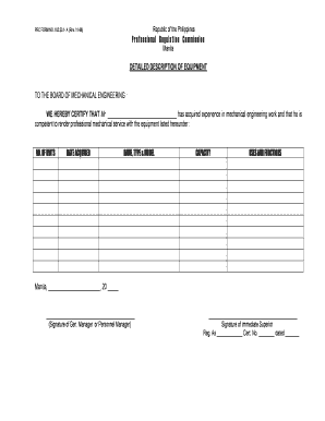 Detailed Description of Equipmnts PRC Form 105 20 1 a