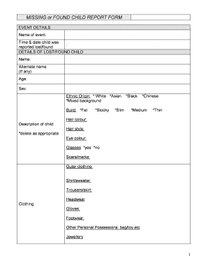Missing or Found Child Report Form Missing or Found Child Report Form