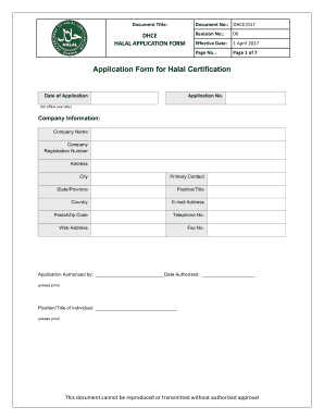 Application Form for Halal Certification Department of Halal