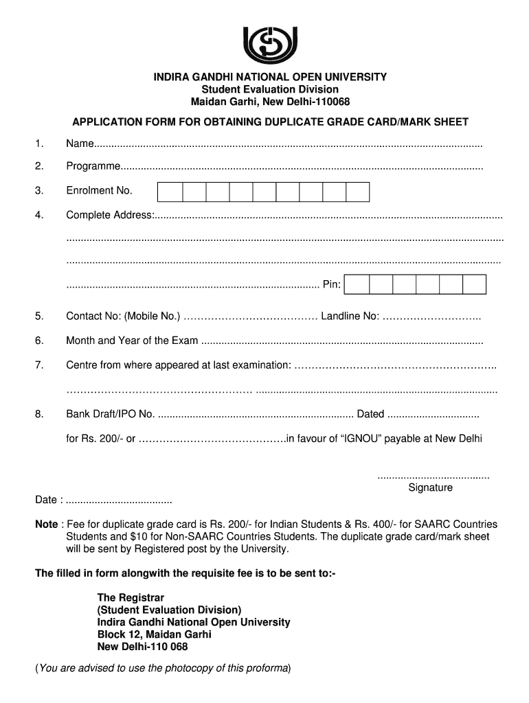 Ignou Duplicate Marksheet Form PDF