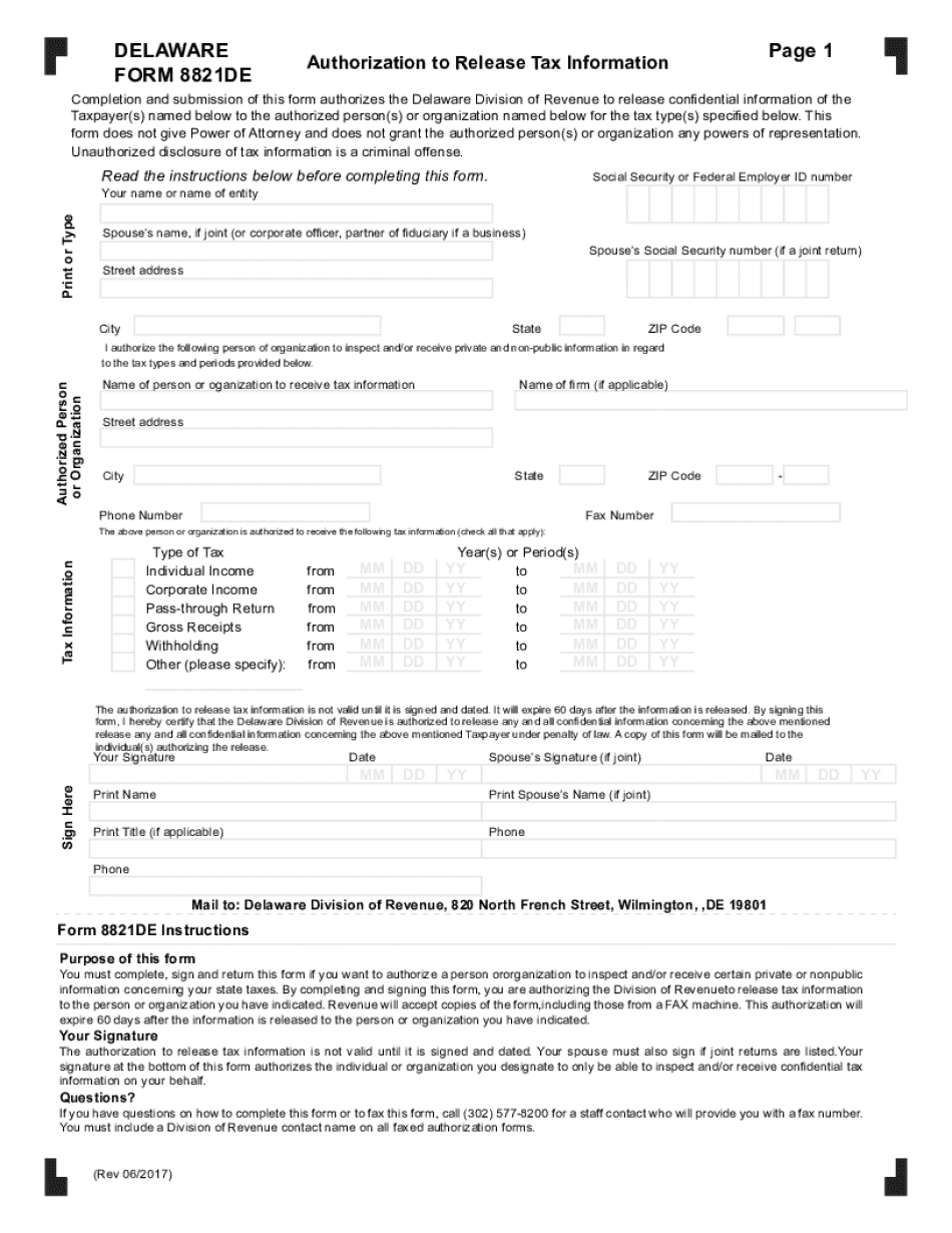  8821 DE Authorization to Release Tax Information 2017-2024