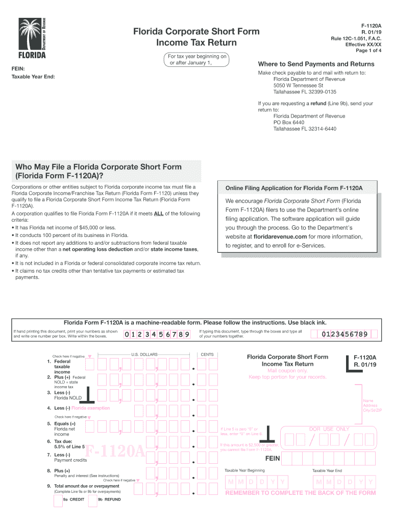 Florida F 1120a 20192024 Form Fill Out and Sign Printable PDF