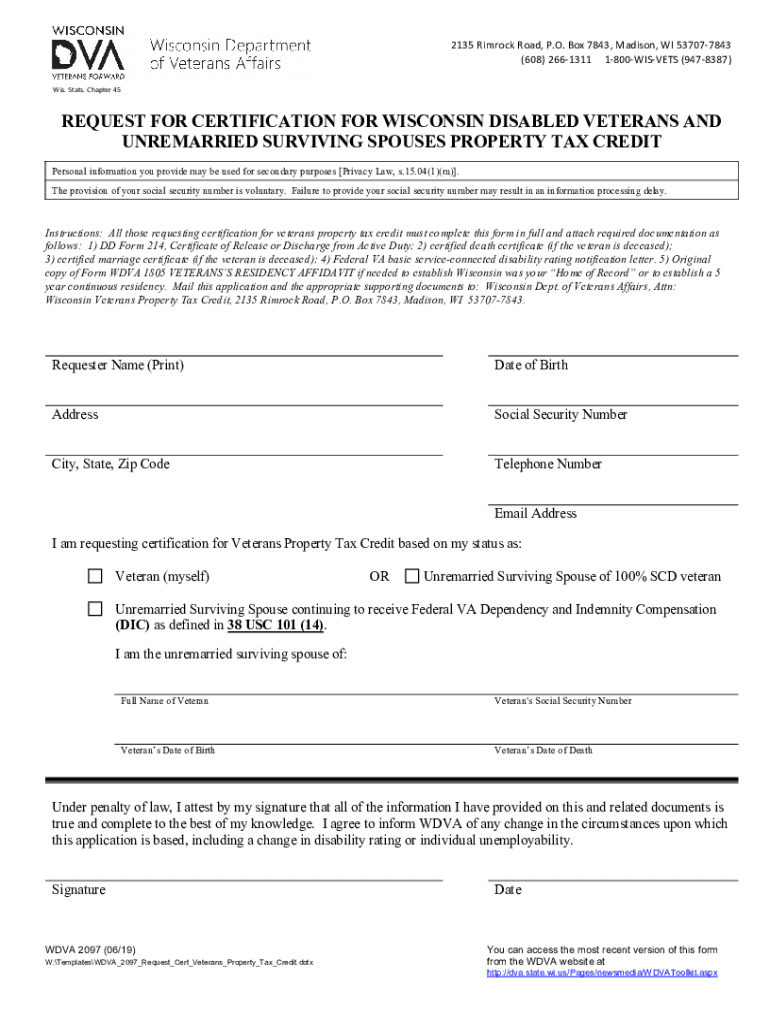  WDVA 2097 Request for Certification for Veterans Property Tax 2019-2024