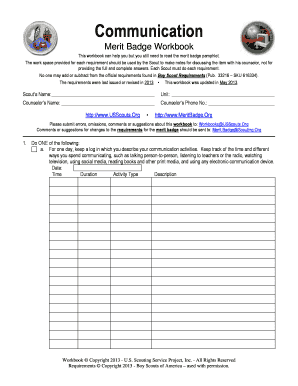 Communication Merit Badge Worksheet  Form