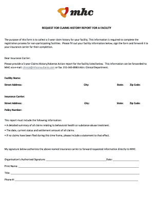 REQUEST for CLAIMS HISTORY REPORT for a FACILITY  Form