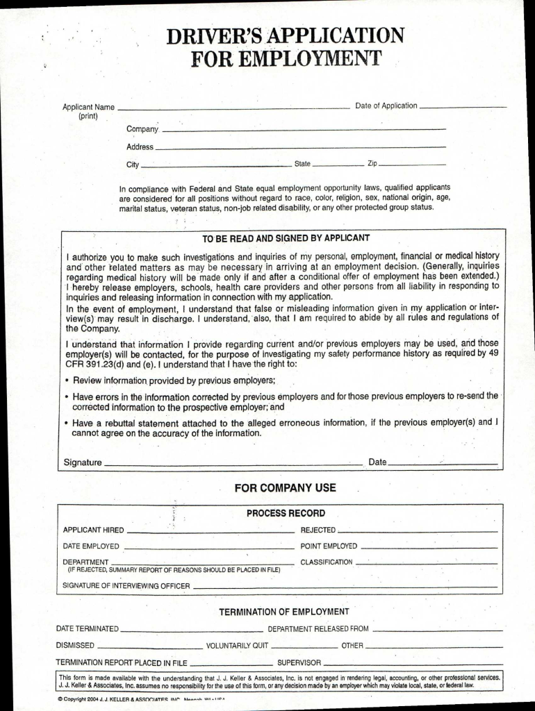 Driver Application for Employment  Form
