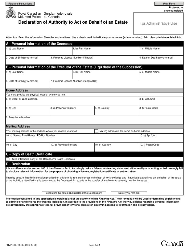  RCMP GRC 6016e Declaration of Authority to Act on Behalf of an Estate 2017-2024