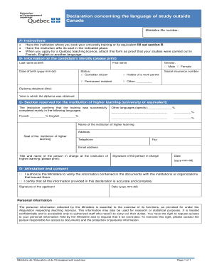 Declaration Concerning the Language of Study Outside Canada  Form