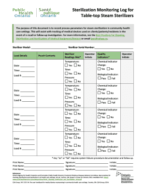 Public Health Sterilization Monitoring Log  Form