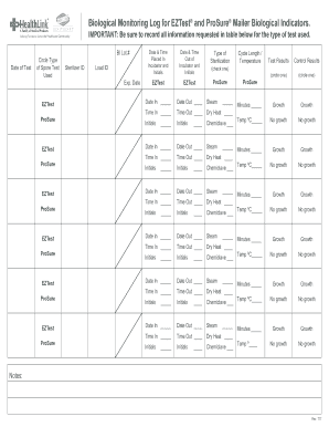 Biological Indicator Log Sheet  Form