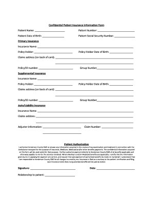 Confidential Patient Insurance Information Form Patient Name