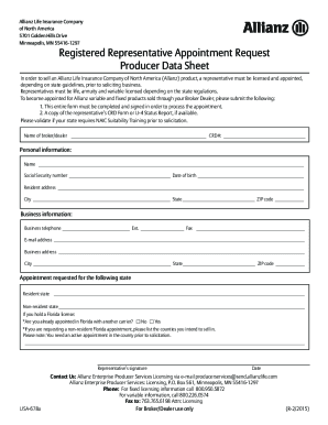 Get and Sign Allianz Registered Representative Appointment Request Producer Data Sheet 2015-2022 Form