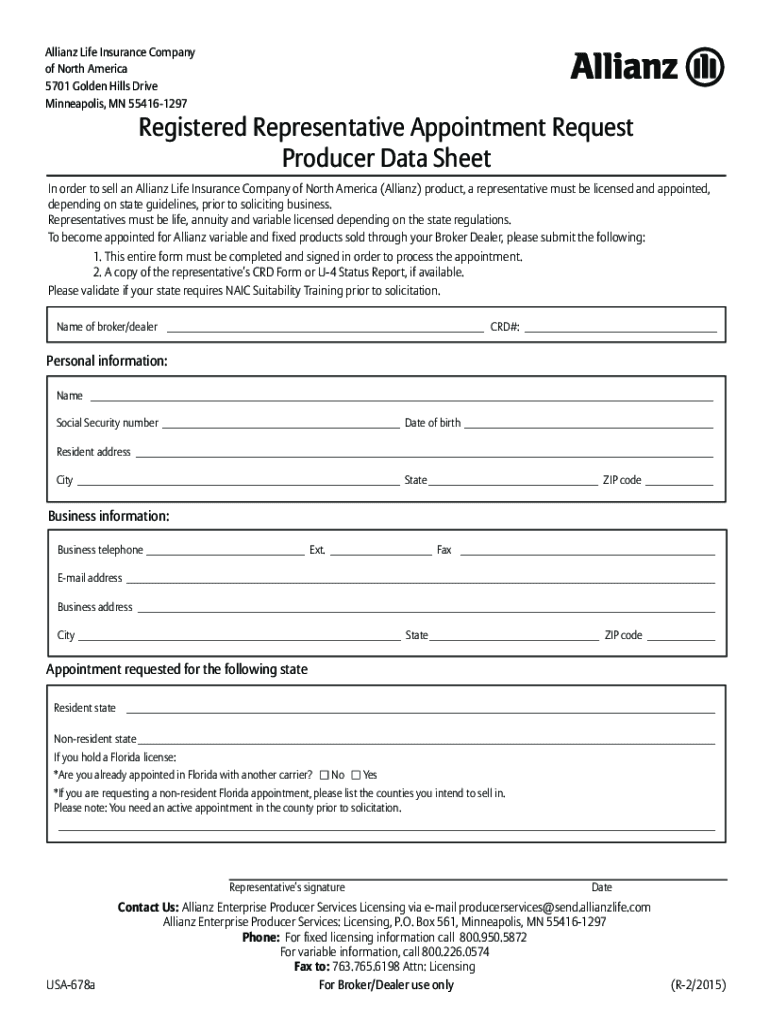  Allianz Registered Representative Appointment Request Producer Data Sheet 2015-2024