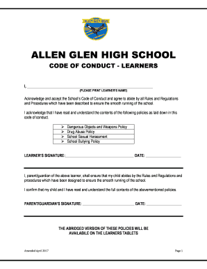 Allen Glen High School Fees  Form