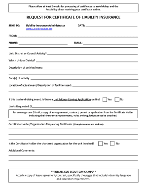 REQUEST for CERTIFICATE of LIABILITY INSURANCE COUNCIL  Form
