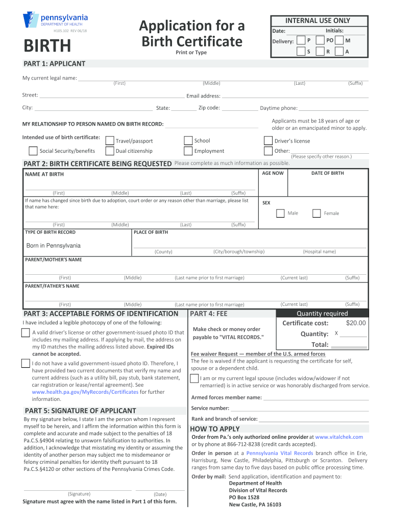 Get and Sign Birth Certificate Application Form Pa 2018-2022