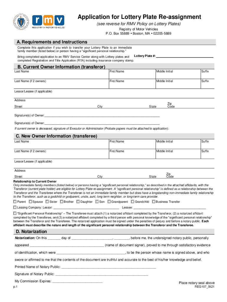 Application for Lottery Plate Reassignment See Re  Form