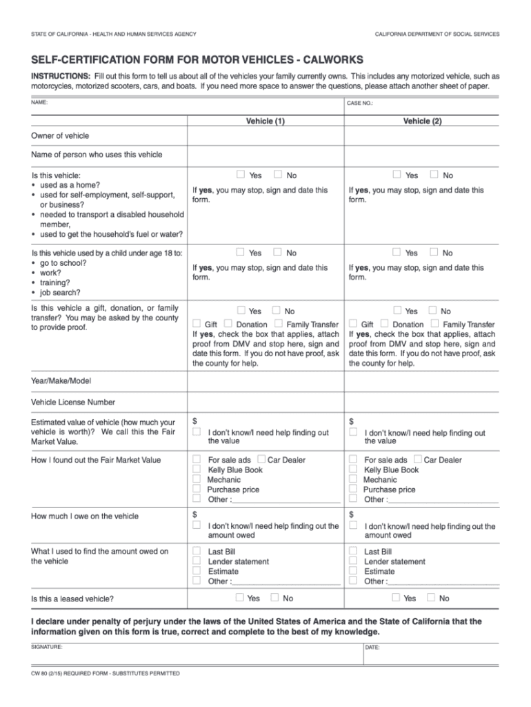  Self Certification Form for Motor Vehicle CALWORKS CW80 2015
