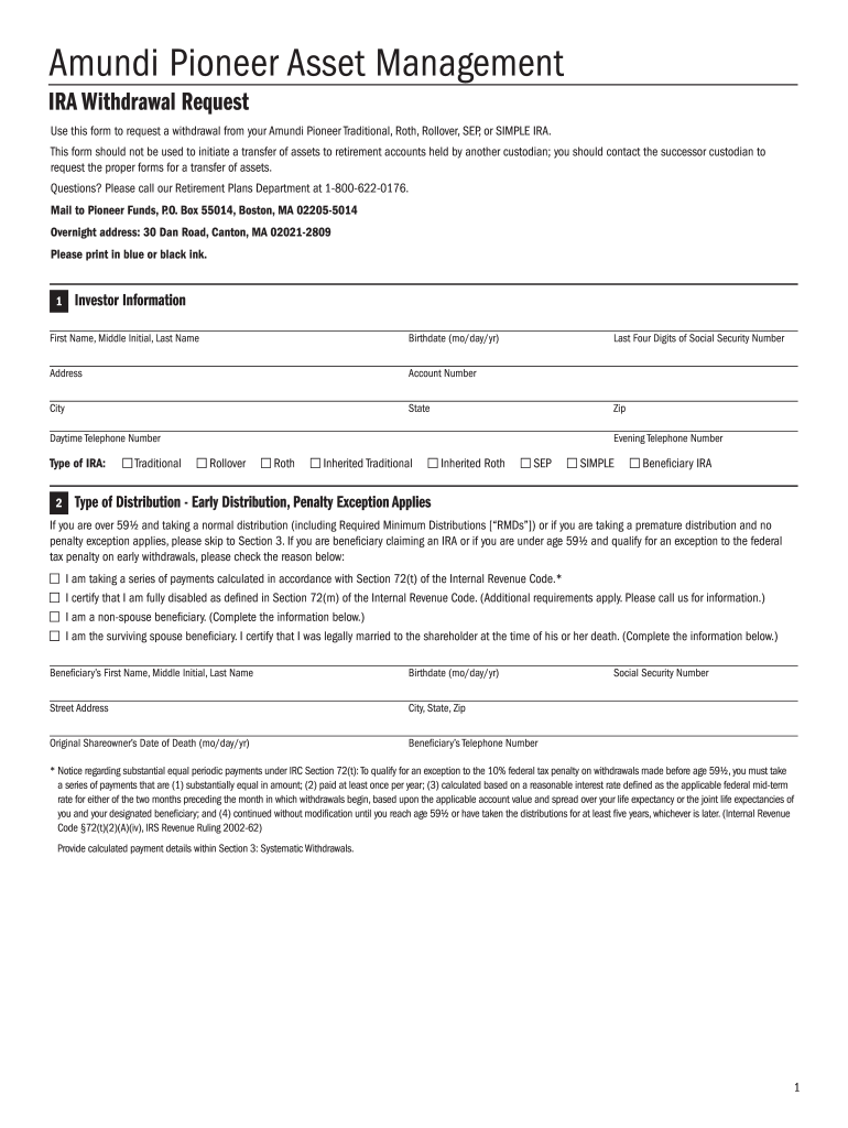 Use This Form to Request a Withdrawal from Your Amundi Pioneer Traditional, Roth, Rollover, SEP, or SIMPLE IRA