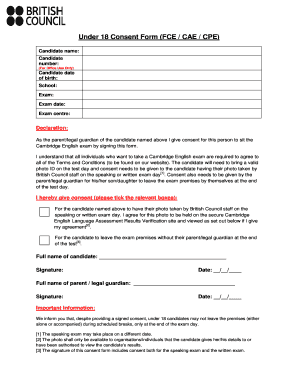 Under 18 Consent Form FCE CAE CPE British Council