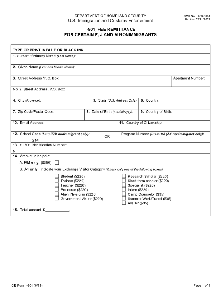 ICE Form I 901 I 901, FEE REMITTANCE