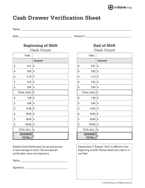 Cash Drawer Verification Sheet  Form