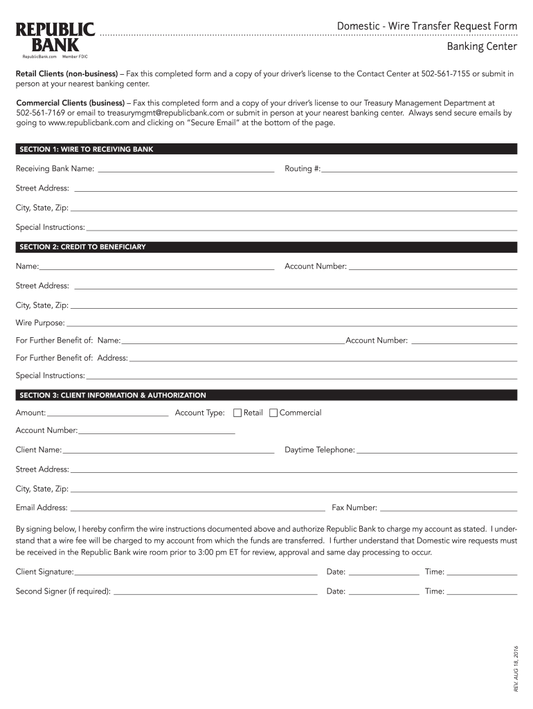  First Republic Bank Wire Transfer Form 2016-2024