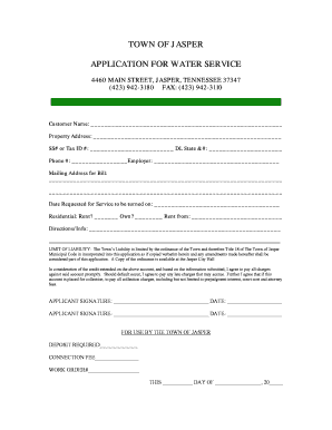 Town of Jasper Application for Water Service Jasper, TN  Form