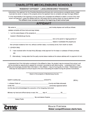 Residency Affidavit Charlotte Mecklenburg Schools  Form