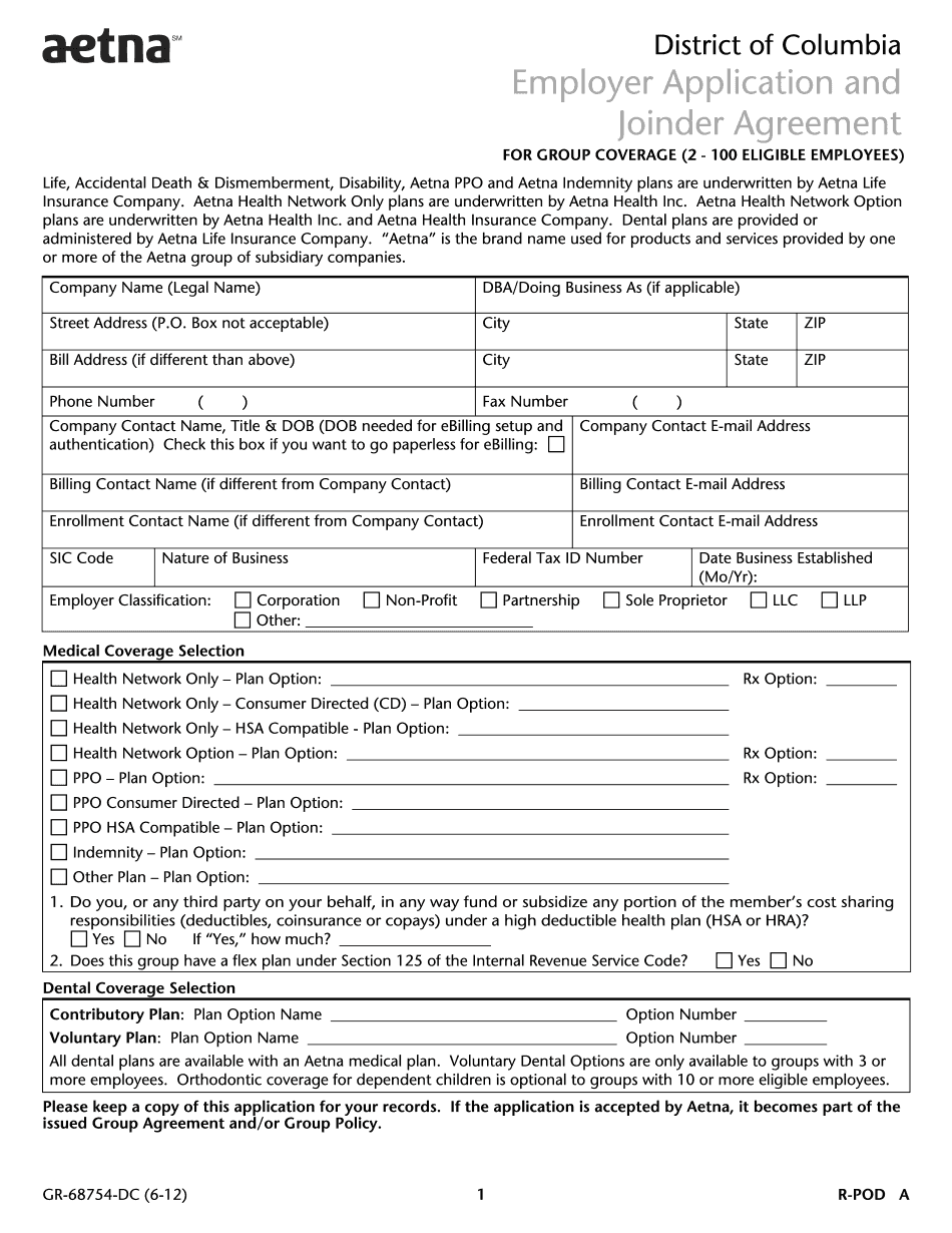  District of Columbia Employer Application and Joinder Agreement  Aetna District of Columbia Employer Application and Joinder a 2012-2024