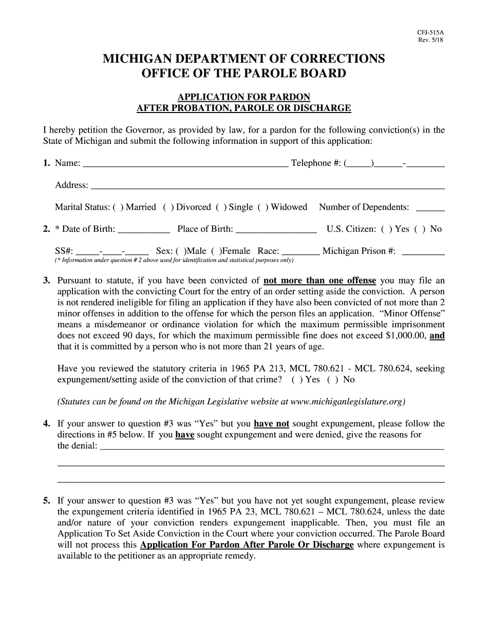  Michiagan Application for Pardonafter Probation 2018-2024