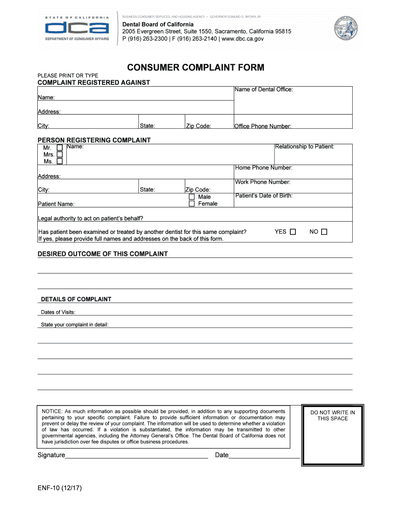 Dental Board of California Consumer Complaint Form Dental Board of California Consumer Complaint Form