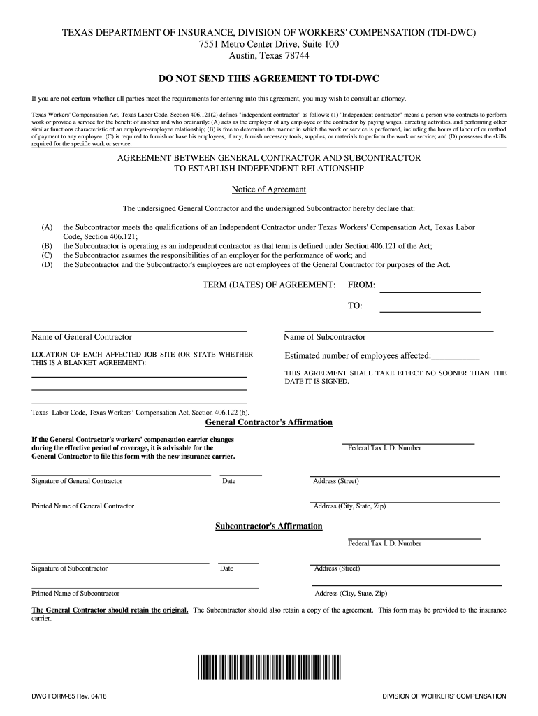  Dwc Form 85 2018-2024