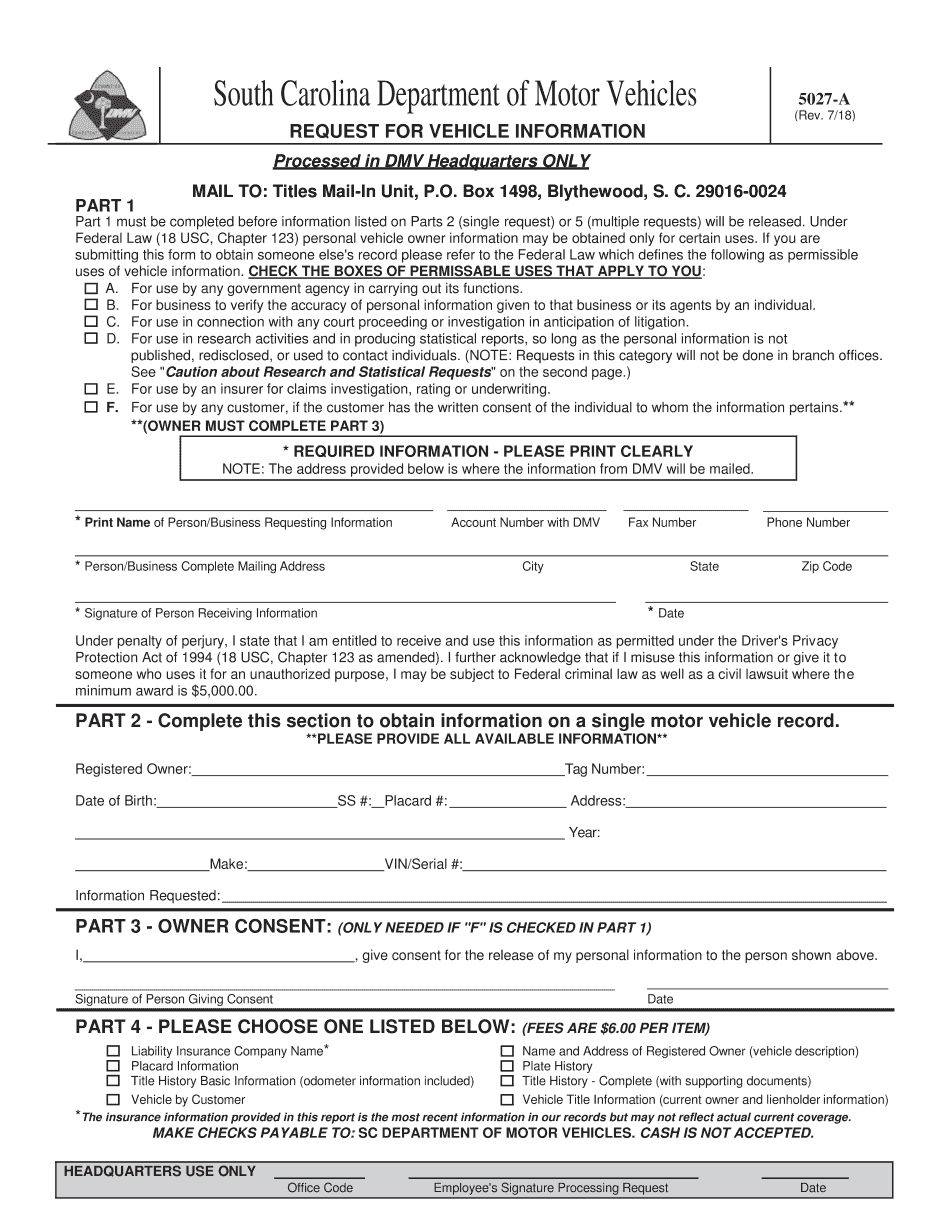  Sc Dmv Form 5027a 2018-2024