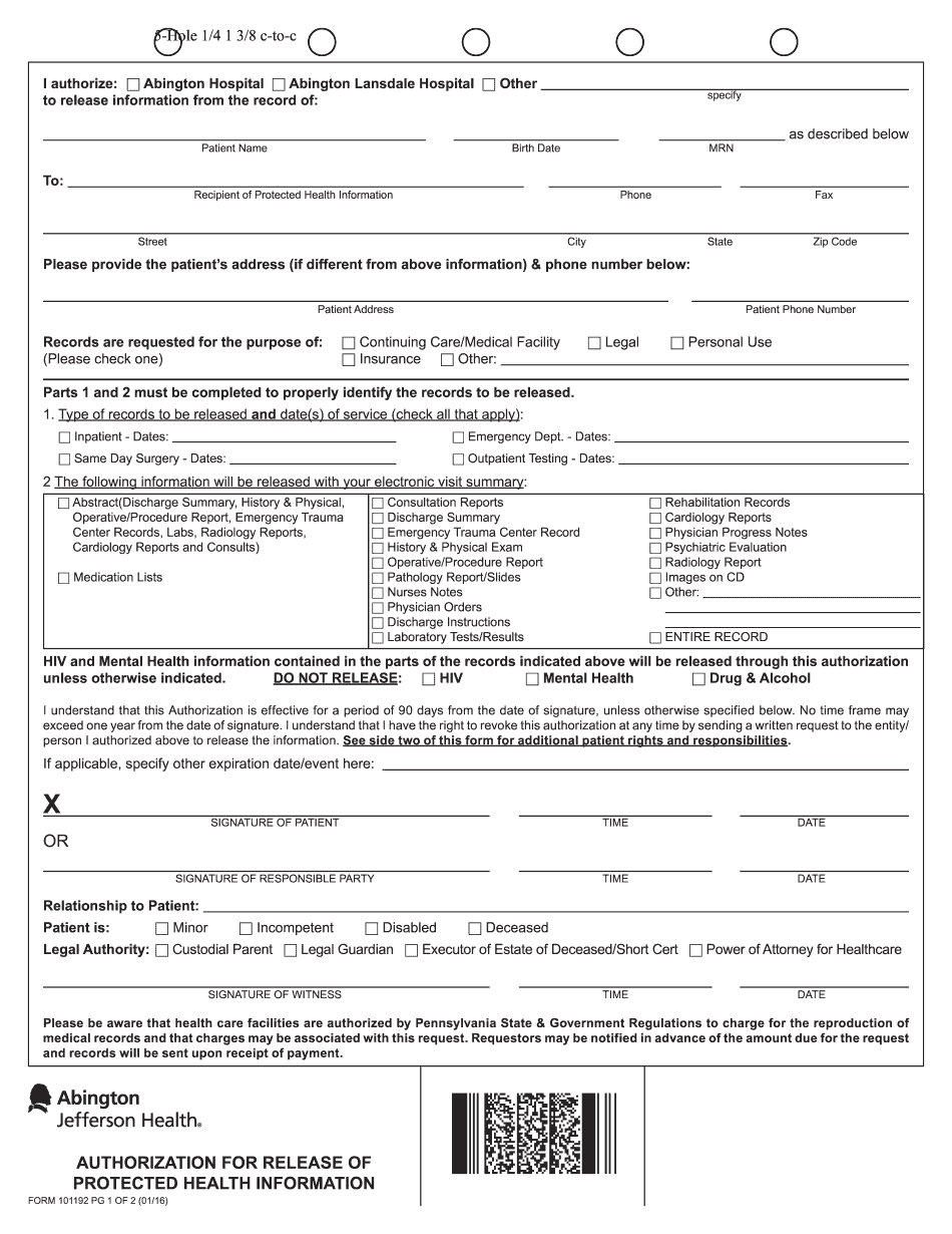  I Authorize Abington Hospital Abington Lansdale Hospital Other 2016-2024