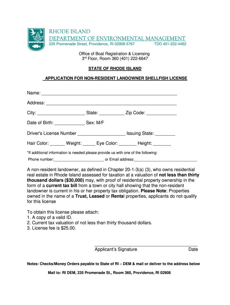 Rhode Island Fishing License  Form