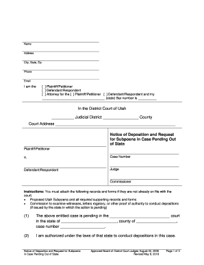  Notice of Deposition and Request for Subpoena in Case Pending Out of State Notice of Deposition and Request for Subpoena in Case 2019-2024