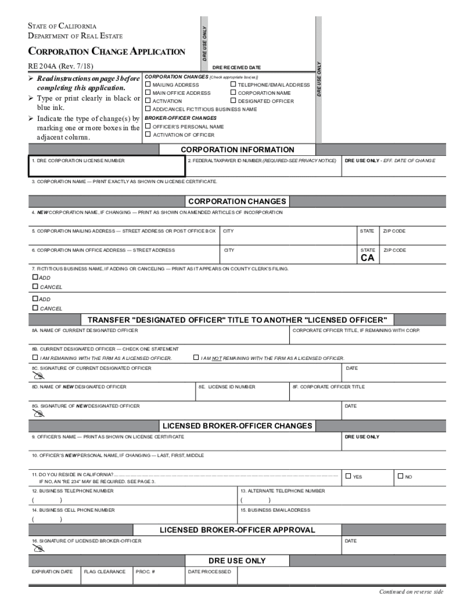 Corporation Change Application RE 204A, Rev 718 Corporation Change Application RE 204A  Form