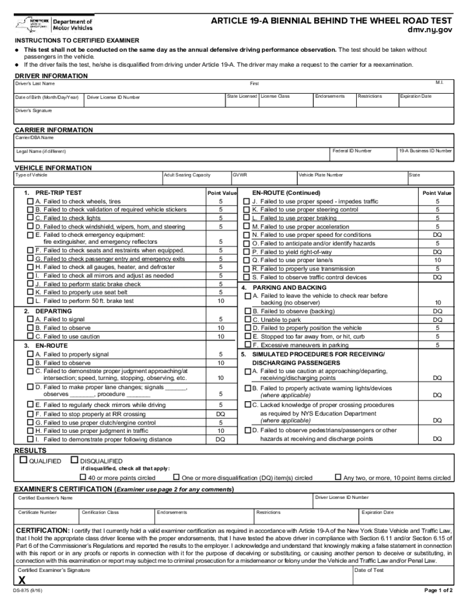  Article 19 a Biennial behind the Wheel Road Test DS 875 DMV 2016-2024