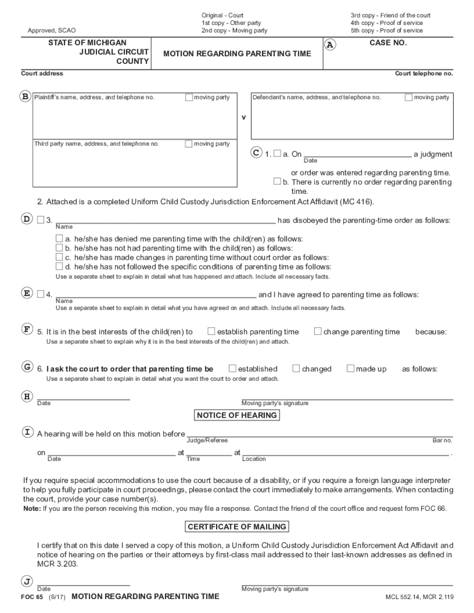 FOC 65, Motion Regarding Parenting Time  Form