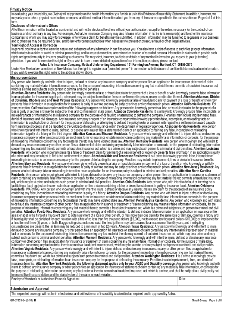  Evidence of Insurability Statement Life and Disability Coverage Small Group Aetna Evidence of Insurability Statement Life and Di 2018-2024