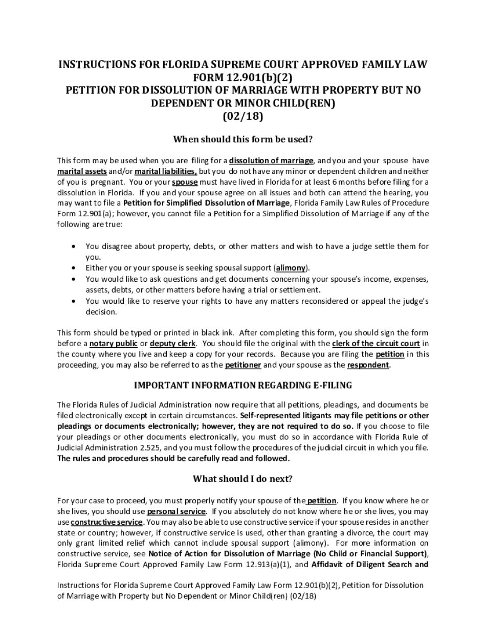 Florida Supreme Court Approved Family Law Form 12 901b2, Petition for Dissolution of Marriage with Property but No Dependent or 