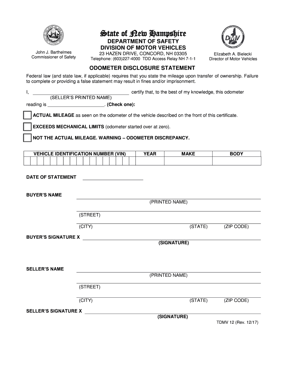 Get and Sign Odometer Disclosure Statement Nh 2017-2022 Form