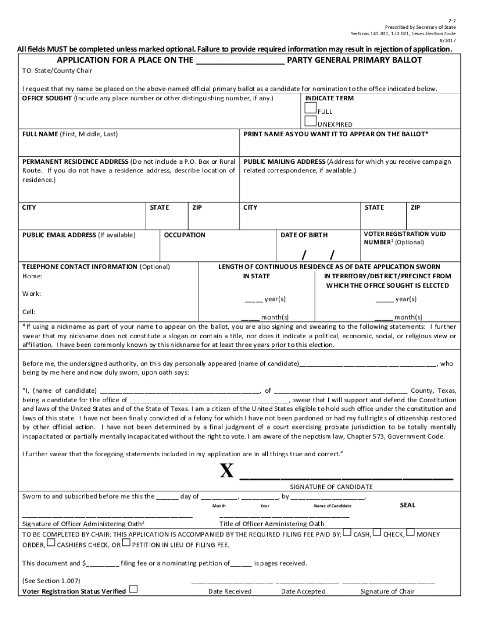 Application for a Place on TheParty General Primary Ballot 2 2  Form