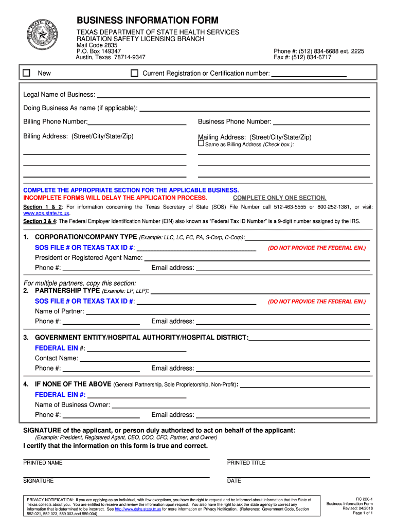 RC 226 1 Business Information Form the Business Information Form Provides the Legal Name of the Business, 'doing Business as ' N