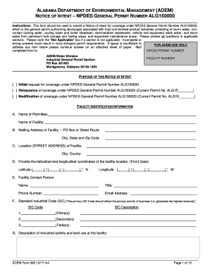 Get and Sign NOTICE of INTENT NPDES GENERAL PERMIT NUMBER ALG150000 2017-2022 Form