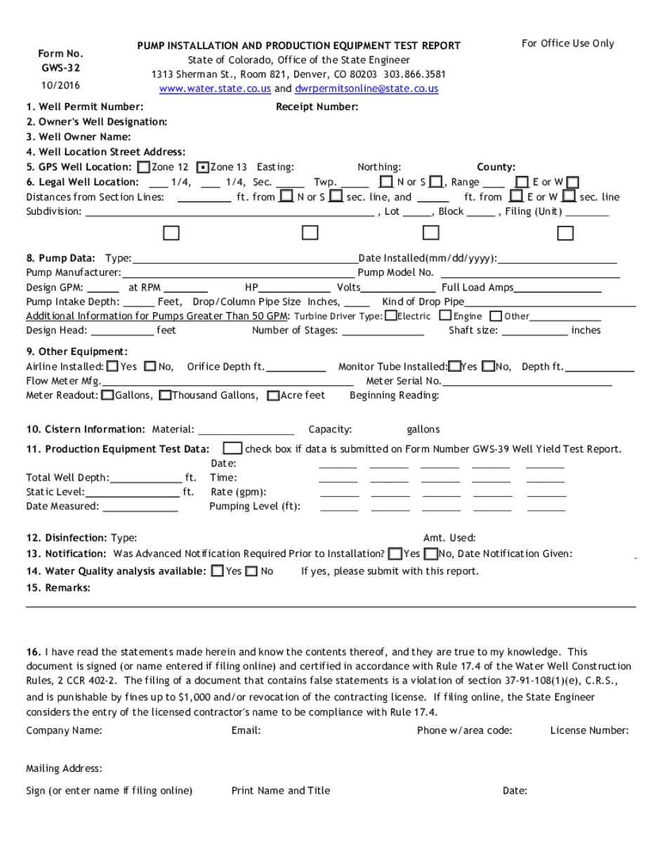 PUMP INSTALLATION and PRODUCTION EQUIPMENT TEST REPORT  Form