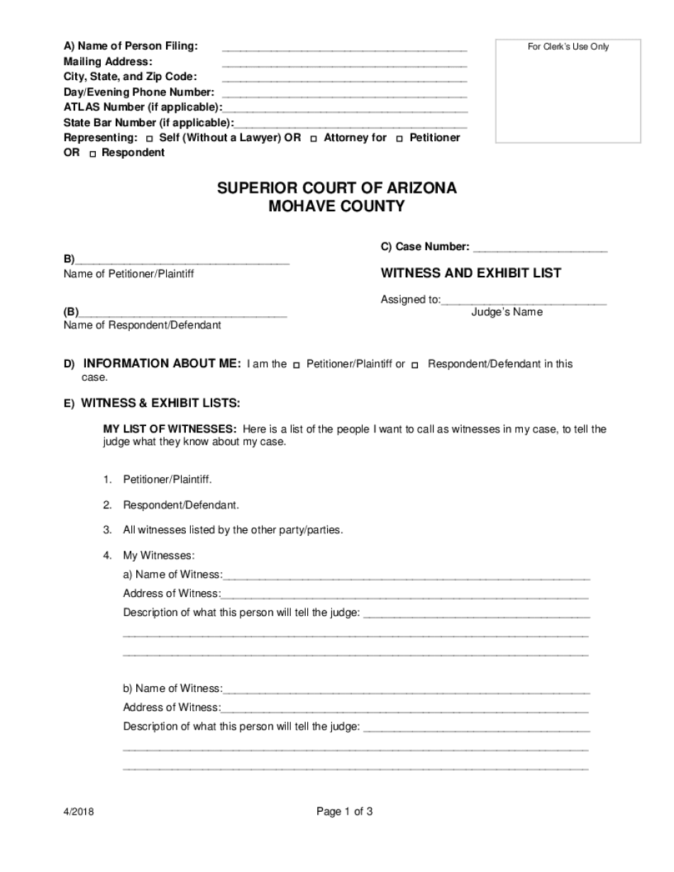 Name of Person Filing Document Mohave County Superior Court  Form